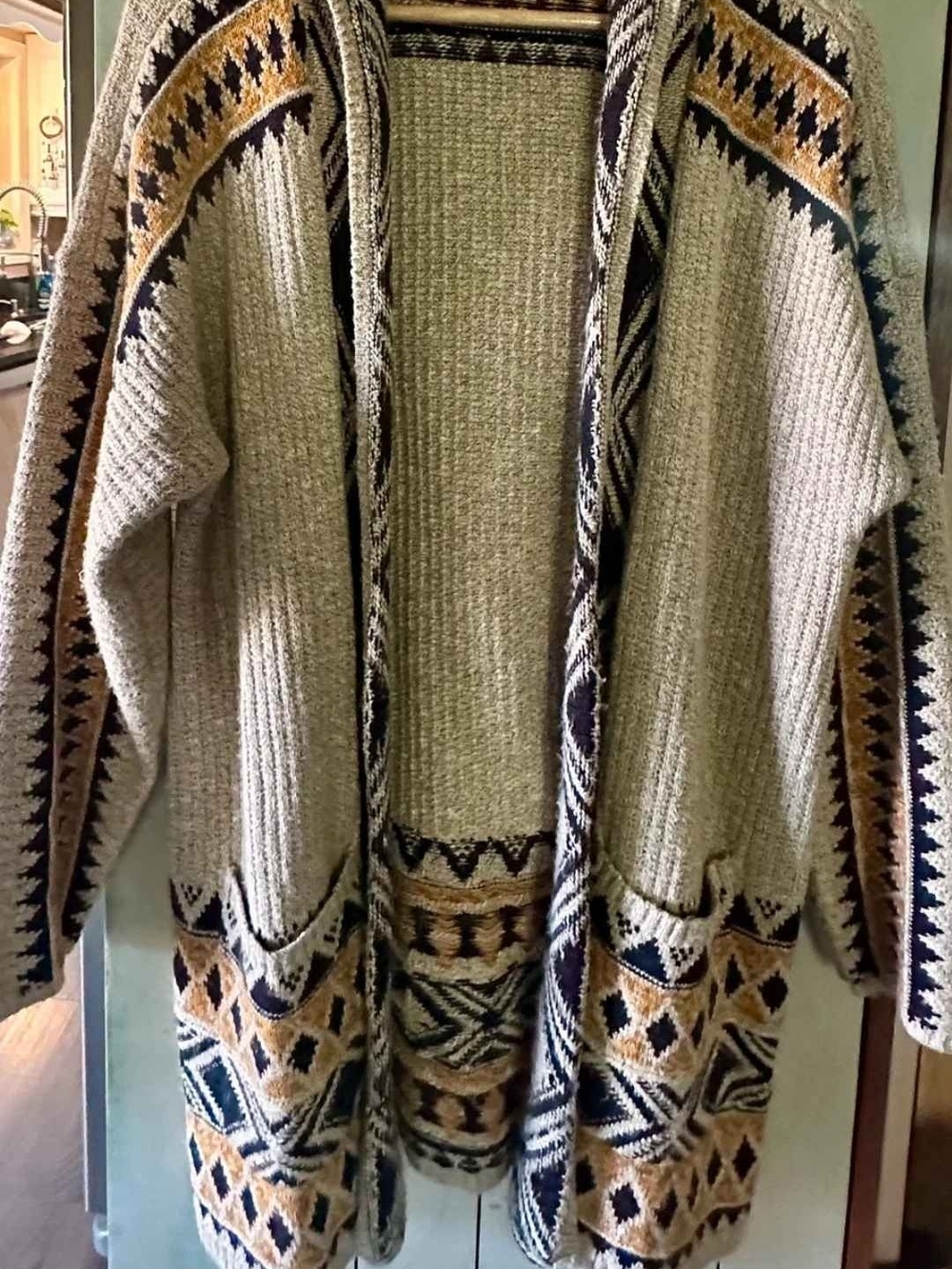 Lucky Brand Beige Open Knit Cardigan with Navy and Tan Geometric Trim